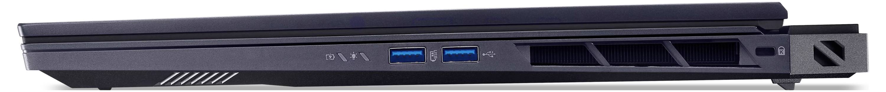 Seitenansicht eines geschlossenen Laptops, die USB-Anschlüsse und Lüftungsschlitze auf der linken Seite zeigt und damit die Konnektivitäts- und Belüftungsmerkmale des Geräts verdeutlicht.