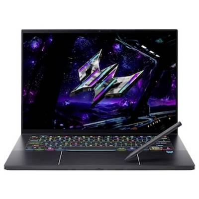 Ein schlankes Laptop mit einer lebendigen, bunten Tastatur und einem digitalen Stift. Der Bildschirm zeigt ein futuristisches, Neon-Weltraum-inspiriertes Design.