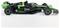 Ein schwarzer und grüner Formel-1-Rennwagen mit verschiedenen Sponsorenlogos, der ein schlankes aerodynamisches Design und Reifen mit geringem Querschnitt präsentiert.