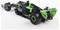 Ein grüner und schwarzer Formel-1-Rennwagen mit Sponsorenlogos, der ein aerodynamisches Design und eine stromlinienförmige Gestalt zeigt, vor weißem Hintergrund.