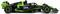 Ein grüner und schwarzer Formel-1-Wagen mit dem Wort 'Stake' prominent auf seinem Karosserieboden, der eine aerodynamische Gestaltung und Sponsorenlogos präsentiert.