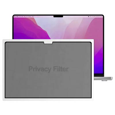 Ein Laptop-Bildschirm zeigt einen lebendigen, farbenfrohen Hintergrund, der teilweise von einem Graustufen-Datenschutzfilter verdeckt wird, der den Bildschirminhalt verbirgt.