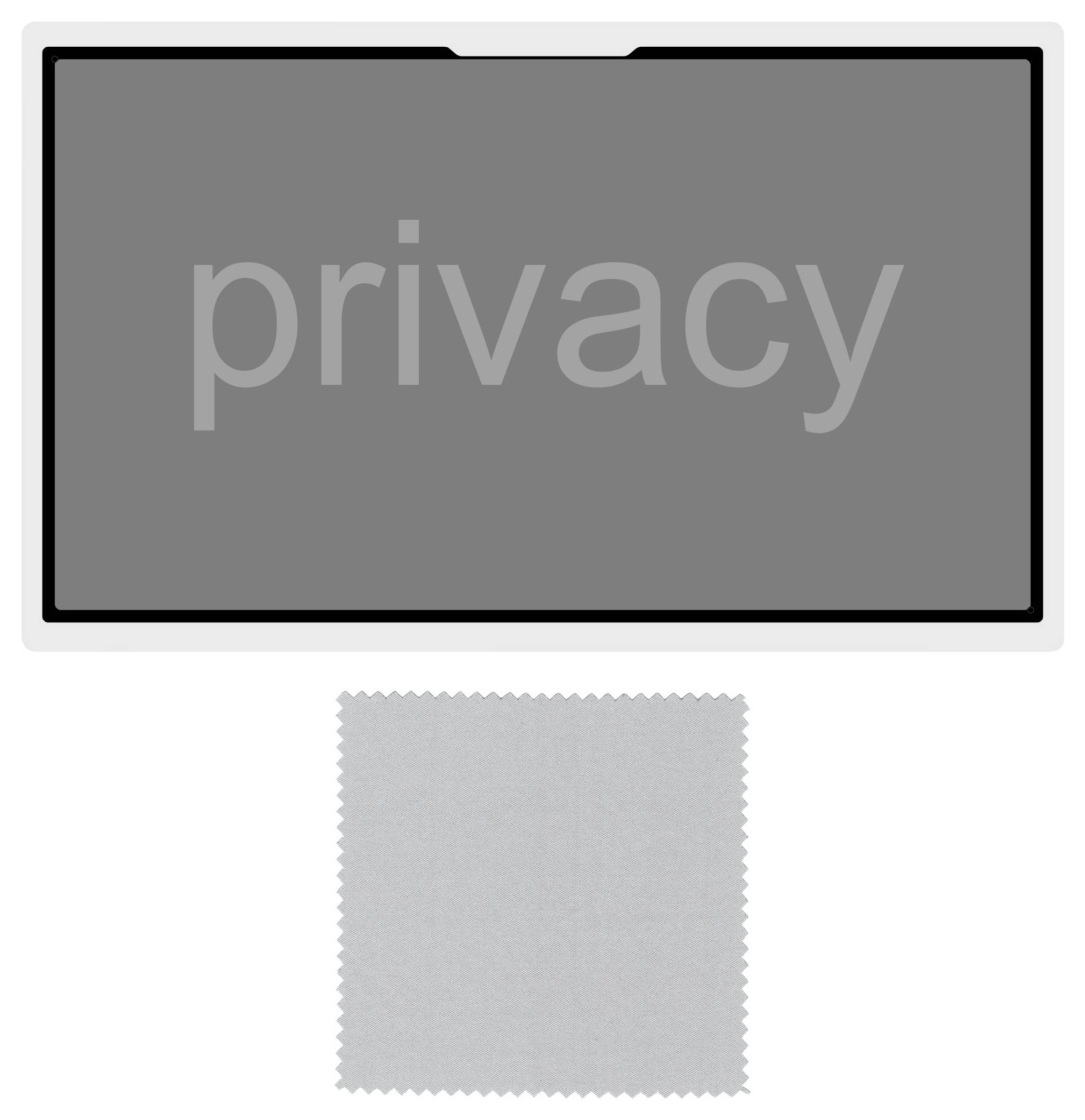 Ein Datenschutzbildschirm mit einem Reinigungstuch darunter, der verwendet wird, um die Sichtbarkeit einer Anzeige aus seitlichen Winkeln zu verringern.