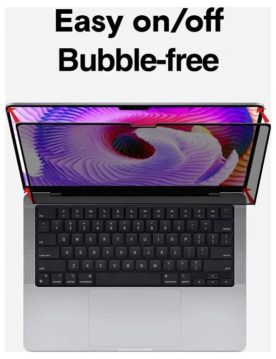 „Einfaches Ein-/Ausschalten, blasenfrei" Displayschutzfolie wird auf einem Laptop angebracht, wobei die einfache Installation und die nahtlose Passform ohne Blasen hervorgehoben werden.