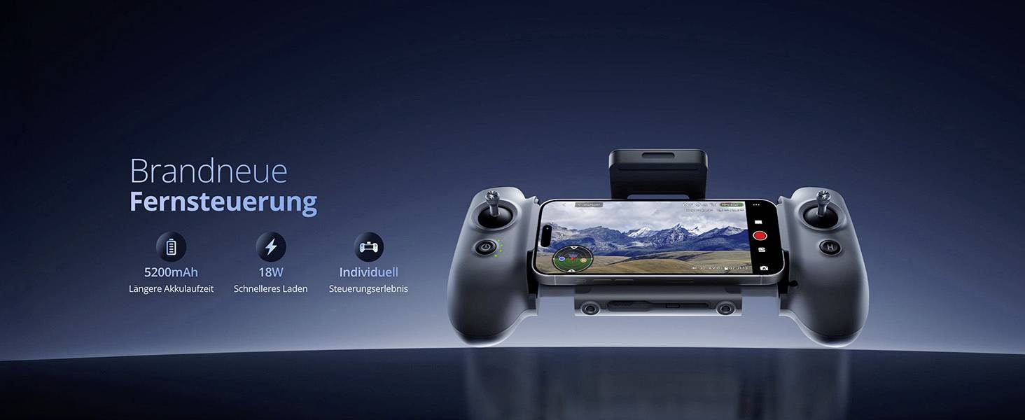 Ein brandneuer Fernsteuerungssender für Drohnen mit montiertem Smartphone, Joysticks und Tasten. Highlights sind der ‚5200mAh Langlebig-Akku', ‚18W Schnellladung' und ‚anpassbare Steuerungselemente'.