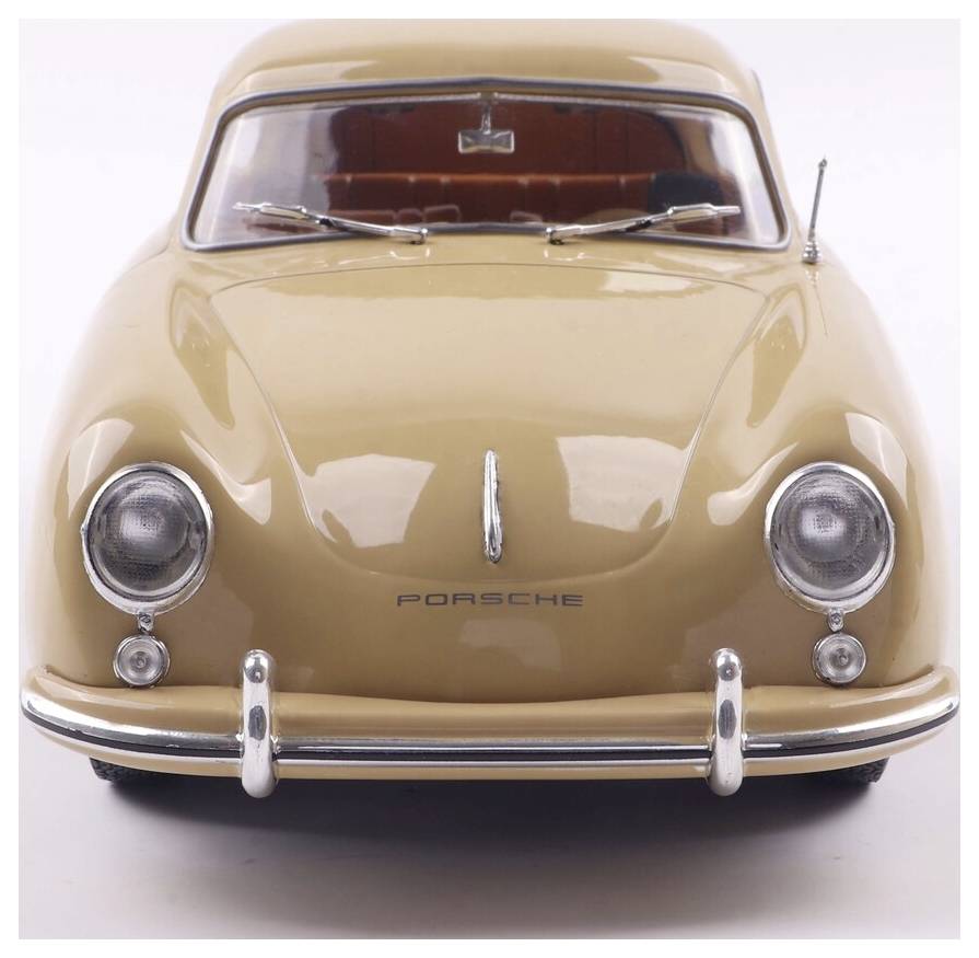 Ein beiger klassischer Porsche-Wagentyp mit Chromdetails wird von vorne gezeigt, wobei die abgerundeten Scheinwerfer und das 'Porsche' Logo hervorgehoben werden.