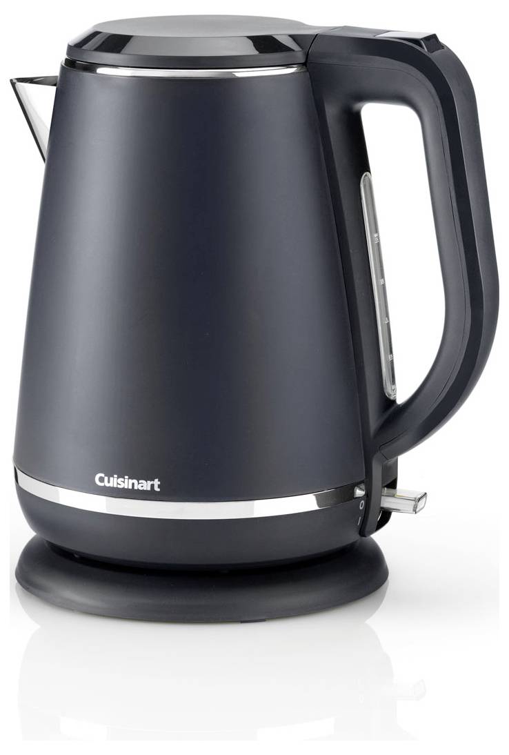 Ein schlanker schwarzer elektrischer Wasserkocher steht auf einer Basis und verfügt über einen Griff und einen sichtbaren Wasserstandsanzeiger.