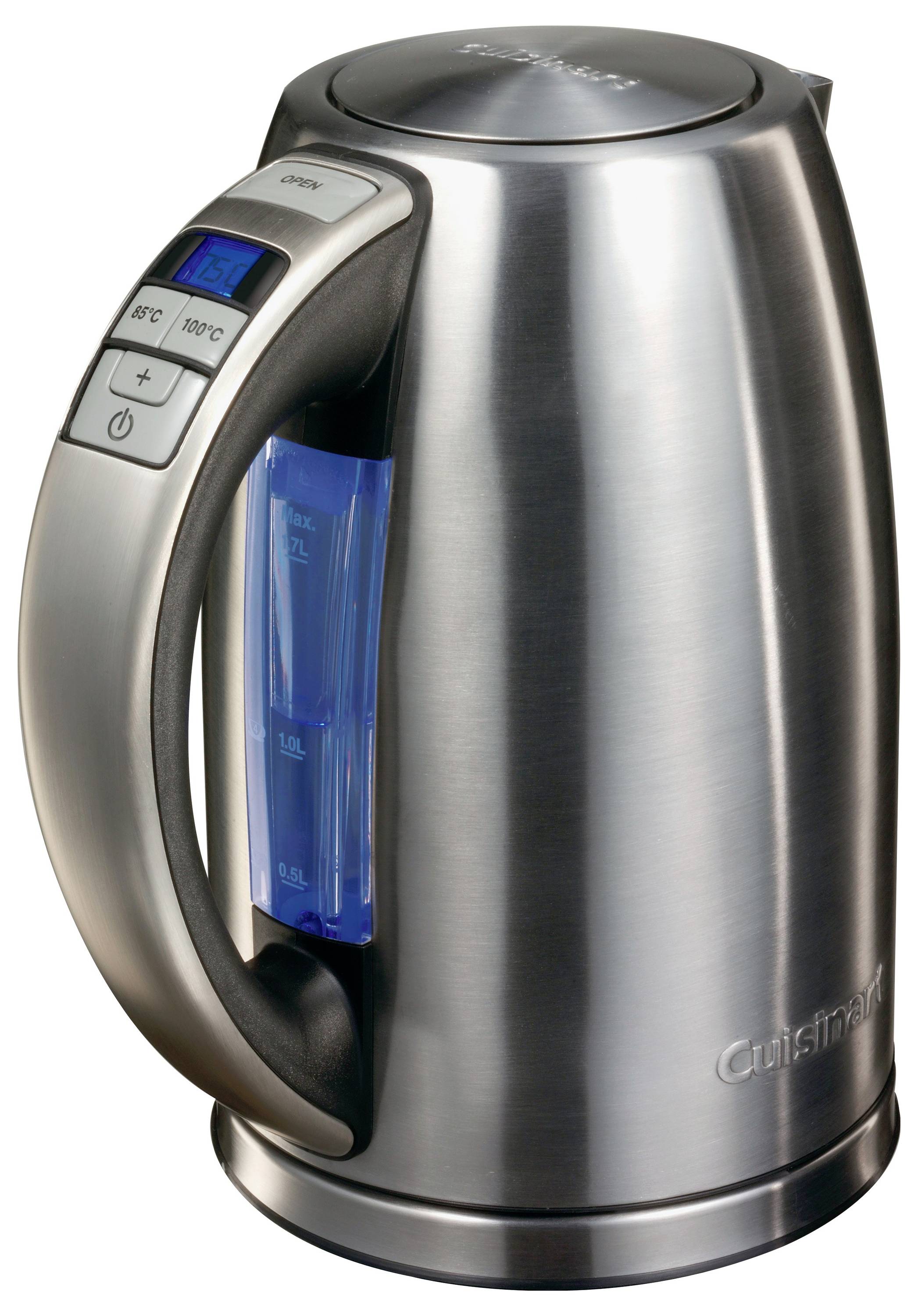 Edelstahl-Wasserkocher mit Griff, Temperaturregelungstasten, digitaler Anzeige und einem Wasserstandsfenster an der Seite.