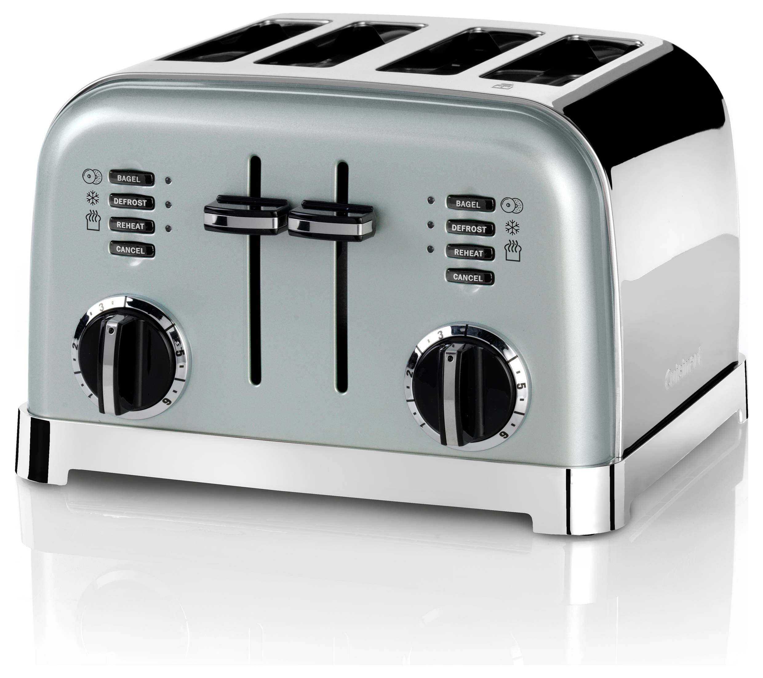 Ein silberner Vier-Schlitz-Toaster mit Kontrolldrehknöpfen und Tasten für die Funktionen ‚Bagel', ‚Auftauen', ‚Aufwärmen' und ‚Abbrechen'.