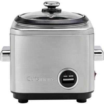Ein Cuisinart Reiskocher mit Edelstahlgehäuse und durchsichtigem Deckel. Er verfügt über Koch- und Warmhaltefunktionen mit einem frontal angebrachten Schalter.