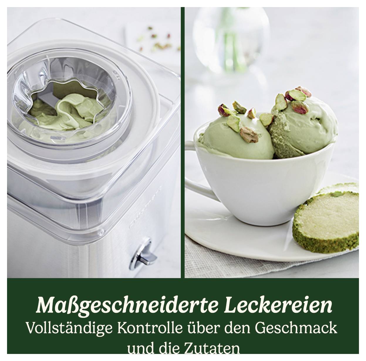 'Eismaschine mit Pistazieneis in der Schüssel und in einer Eisschale mit Dekoration. Text: Maßgeschneiderte Leckereien.'