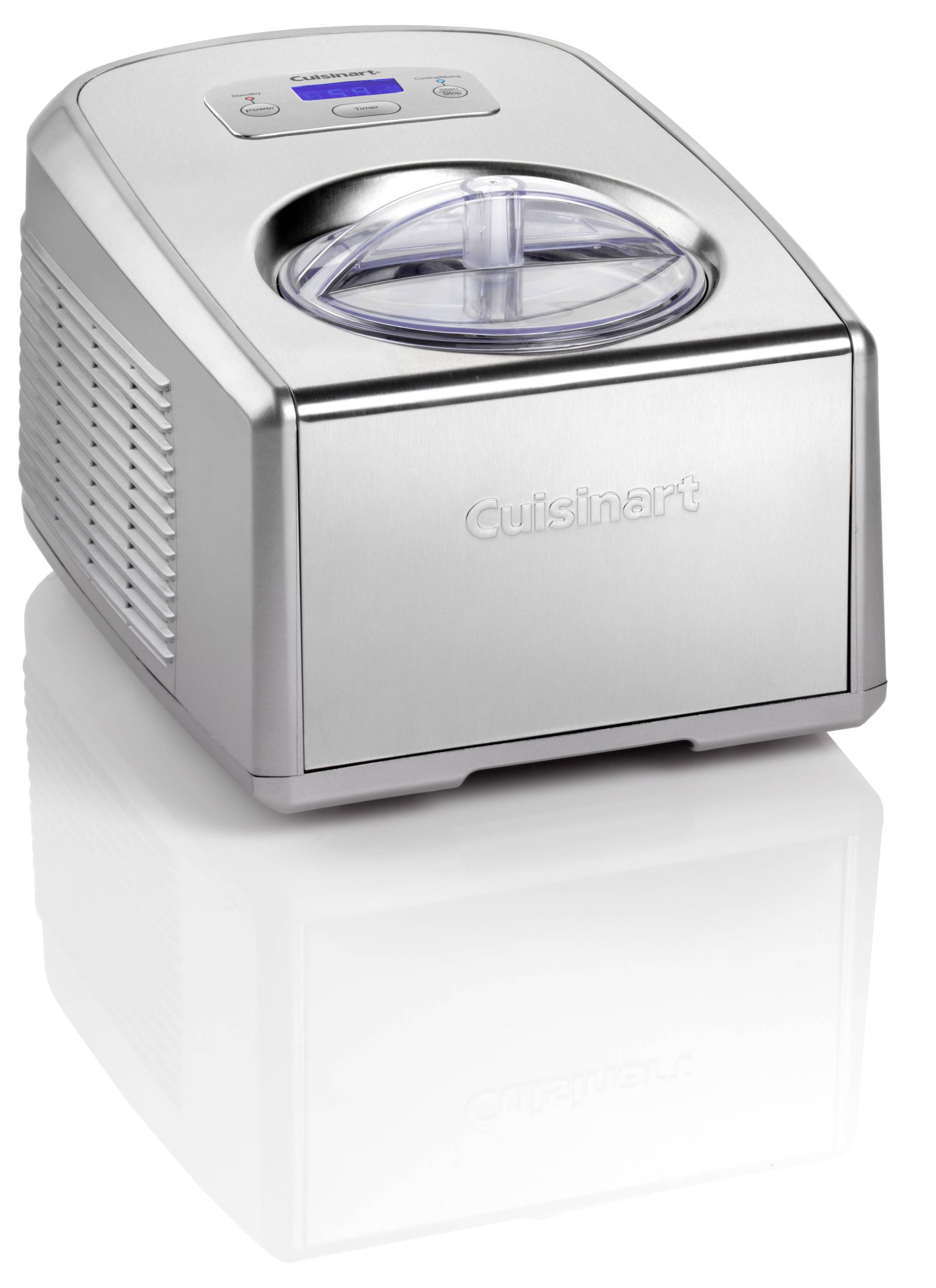 Eine Eismaschine aus Edelstahl mit digitaler Anzeige und durchsichtigem Deckel der Marke Cuisinart.