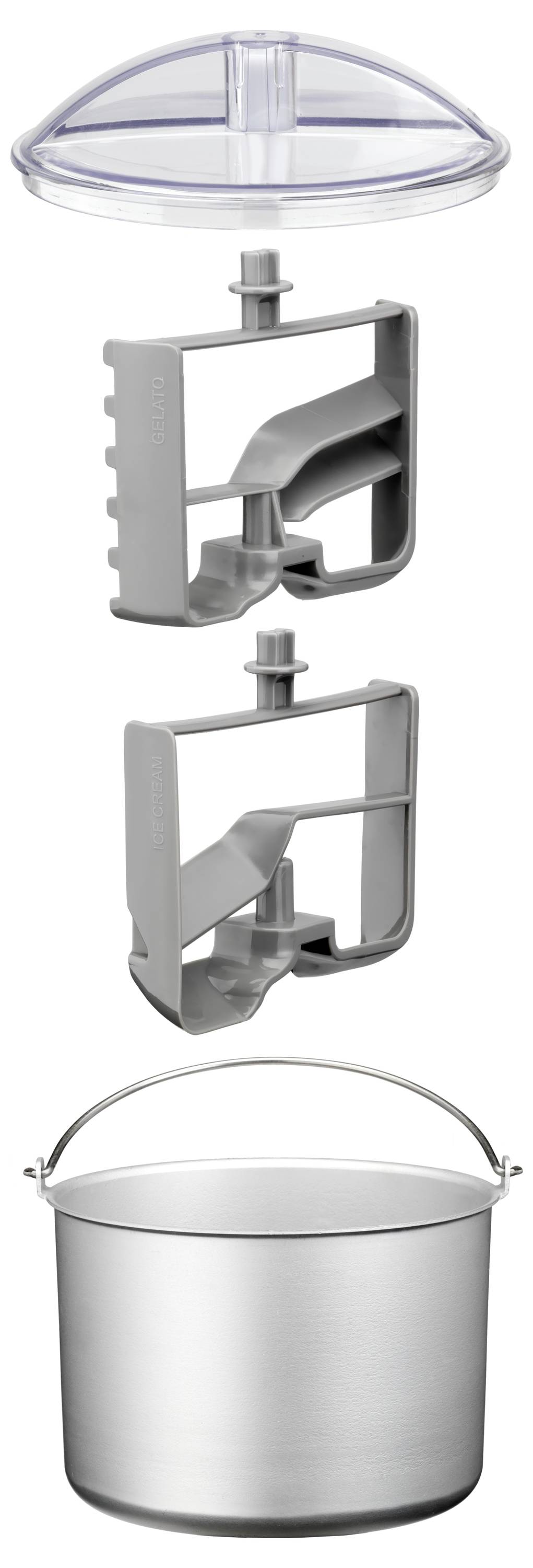 Explosionszeichnung eines Eismaschinen-Aufbaus mit einem durchsichtigen Deckel, zwei Kunststoffpaddeln und einem Metallbehälter.