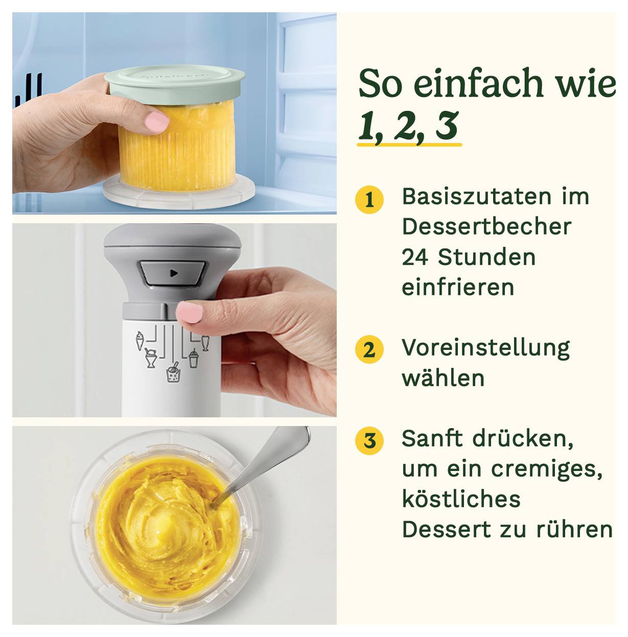 Hand hält ein Dessertbecher-Deckel, vorbei an einem Gerät mit Steuerknopf, das man sanft drückt, um ein cremiges Dessert zu rühren. Text erläutert einfache Schritte zur Benutzung.