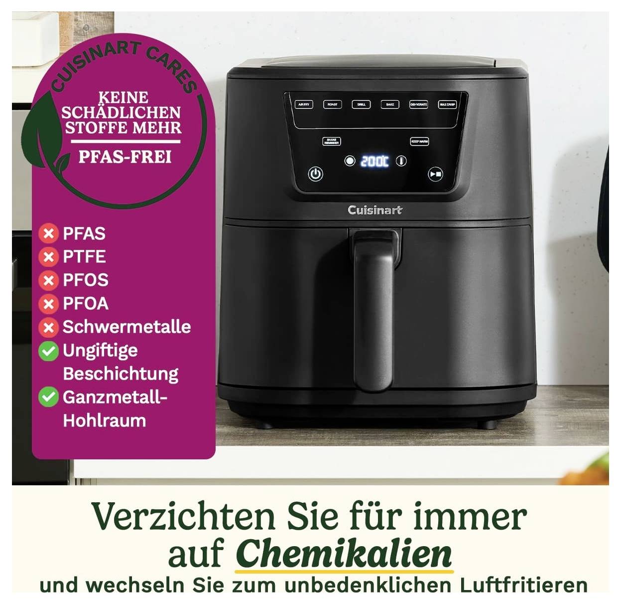 Eine schwarze Heißluftfritteuse mit digitalem Display. Text auf dem Bild: 'Keine schädlichen Stoffe mehr, PFAS-frei'. Liste mit chemischen Verbindungen und deren Verzicht.