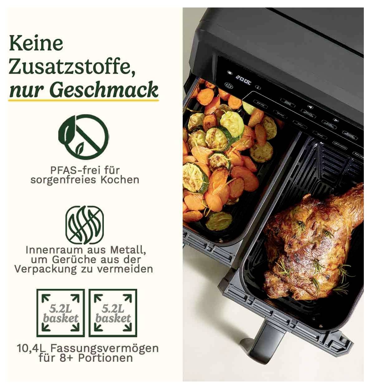 'Boominghaus' Fritteuse-Darstellung mit Slogan: 'Keine Zusatzstoffe, nur Geschmack'. Bild zeigt zwei Körbe mit Hähnchenkeule und Gemüse. Enthält Angaben zu PFAS-Freiheit und Fassungsvermögen (10,4L).