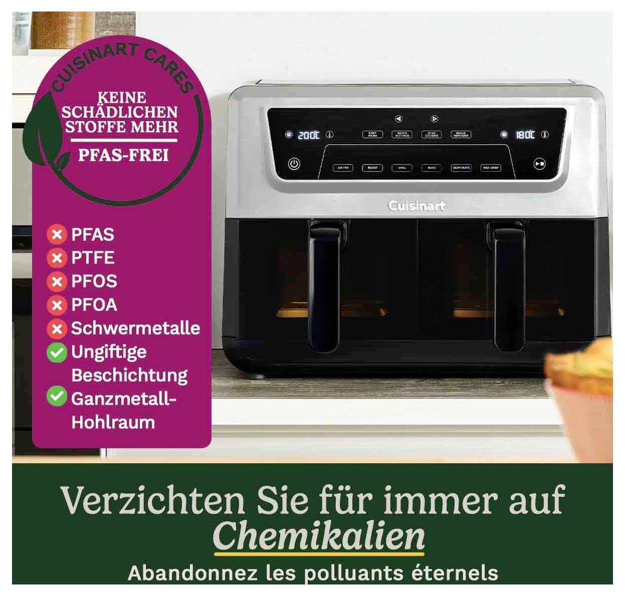 'Küchenmaschine von Cuisinart mit grünem Etikett: PFAS-frei, keine schädlichen Stoffe. Text unten: Verzicht auf Chemikalien.'