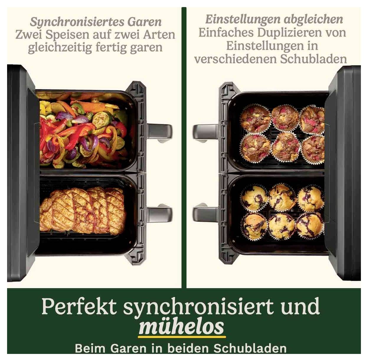 Links ein Ofen mit Gemüse und Fleisch, rechts Muffins. Oben Text über Synchronisierung und Einstellung. Unten Text: 'Perfekt synchronisiert und mühelos'.