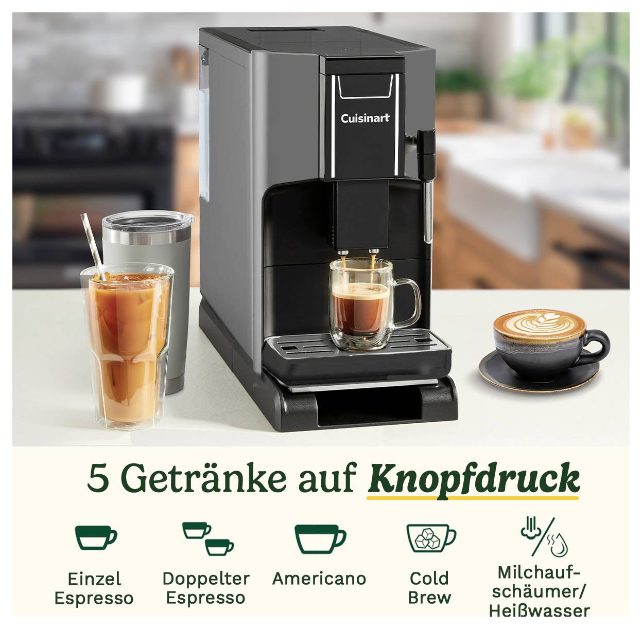 Eine Kaffeemaschine mit einer Tasse Espresso, daneben ein Glas mit Eiskaffee und ein Cappuccino. Text: '5 Getränke auf Knopfdruck'.