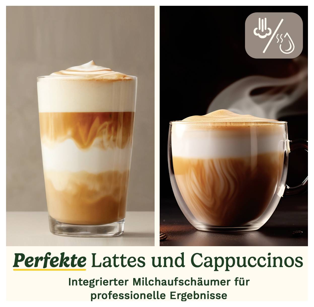 Zwei Gläser mit Latte Macchiato und Cappuccino, beide mit Schaum. Text: 'Perfekte Lattes und Cappuccinos', 'Integrierter Milchaufschäumer'.