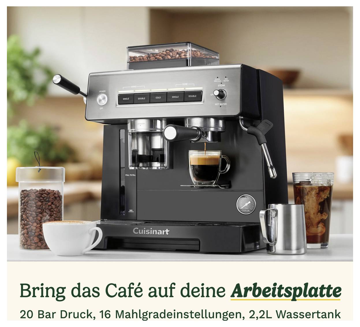 Espressomaschine mit Kaffeebohnen und Glas. Text: 'Bring das Café auf deine Arbeitsplatte'. Merkmale: 20 Bar Druck, 16 Mahlgrade, 2,2L Wassertank.