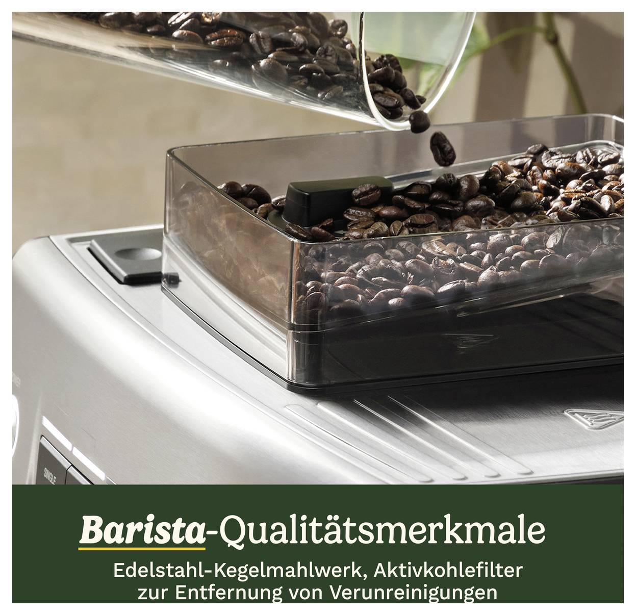 Eine Kaffeemaschine mit einem Behälter, in den Kaffeebohnen eingefüllt werden. Text: 'Barista-Qualitätsmerkmale'.