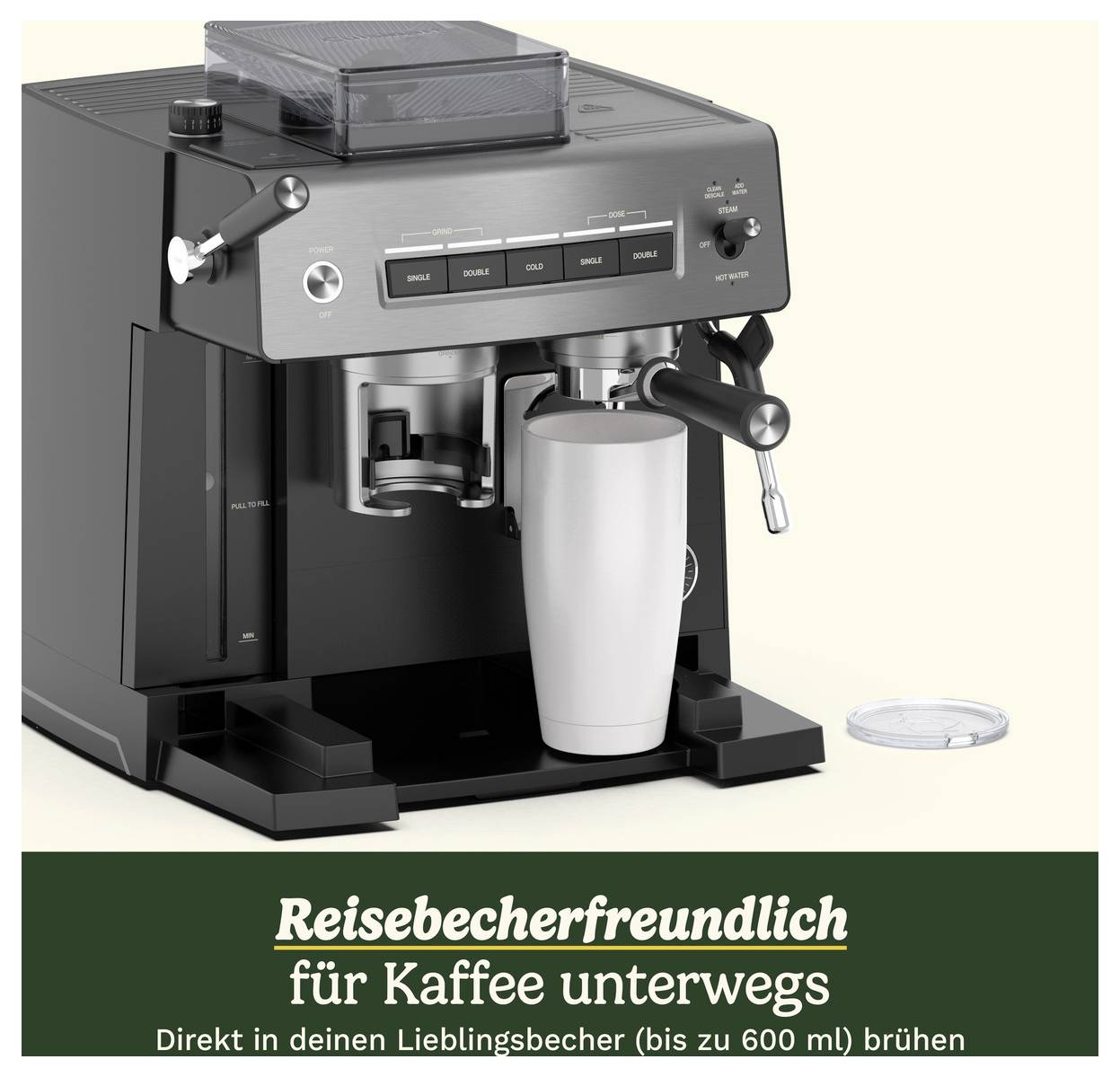 Kaffeemaschine mit einem Reisebecher unter der Auslaufdüse. Text darunter: 'Reisebecherfreundlich für Kaffee unterwegs'.