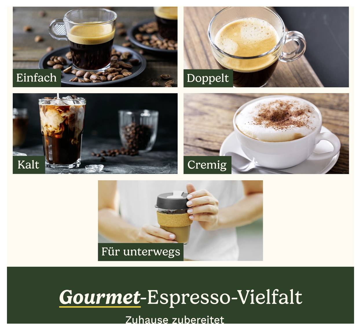 'Auswahl an Espressos: Einfach, Doppelt, Kalt, Cremig. Darunter Person mit einem Coffee-to-go-Becher. Text: Gourmet-Espresso-Vielfalt.'