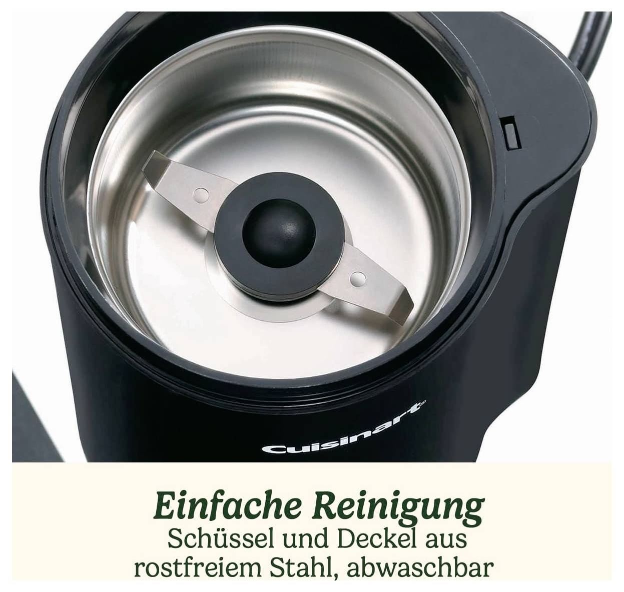 Elektrische Kaffeemühle mit Deckel, Edelstahlklingen und abnehmbarem, leicht zu reinigendem Behälter.