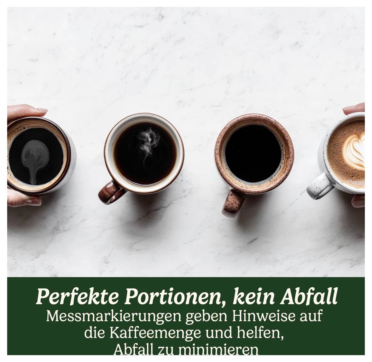 Drei Kaffeetassen mit unterschiedlichen Füllmengen stehen auf einem Tisch. Text darunter: 'Perfekte Portionen, kein Abfall'.