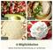 Vier Bilder mit Text: Hacken - geschnittenes Gemüse, Pürieren - Hummus mit Kräutern, Mahlen - gemahlene Nüsse, Schlagen - Sahne mit Erdbeeren.
