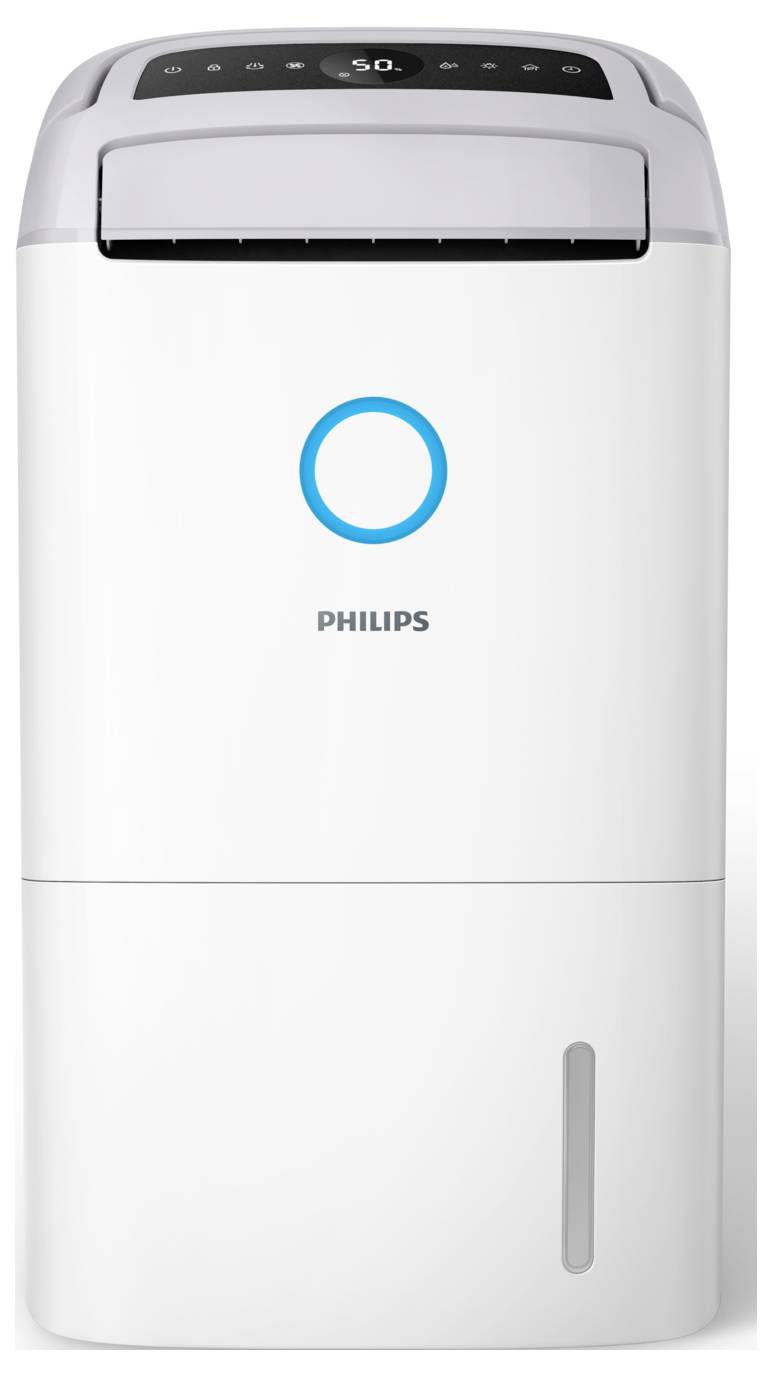 Weißer Philips-Luftreiniger mit einem digitalen Display auf der Oberseite und einem blauen kreisförmigen Indikator auf der Vorderseite.