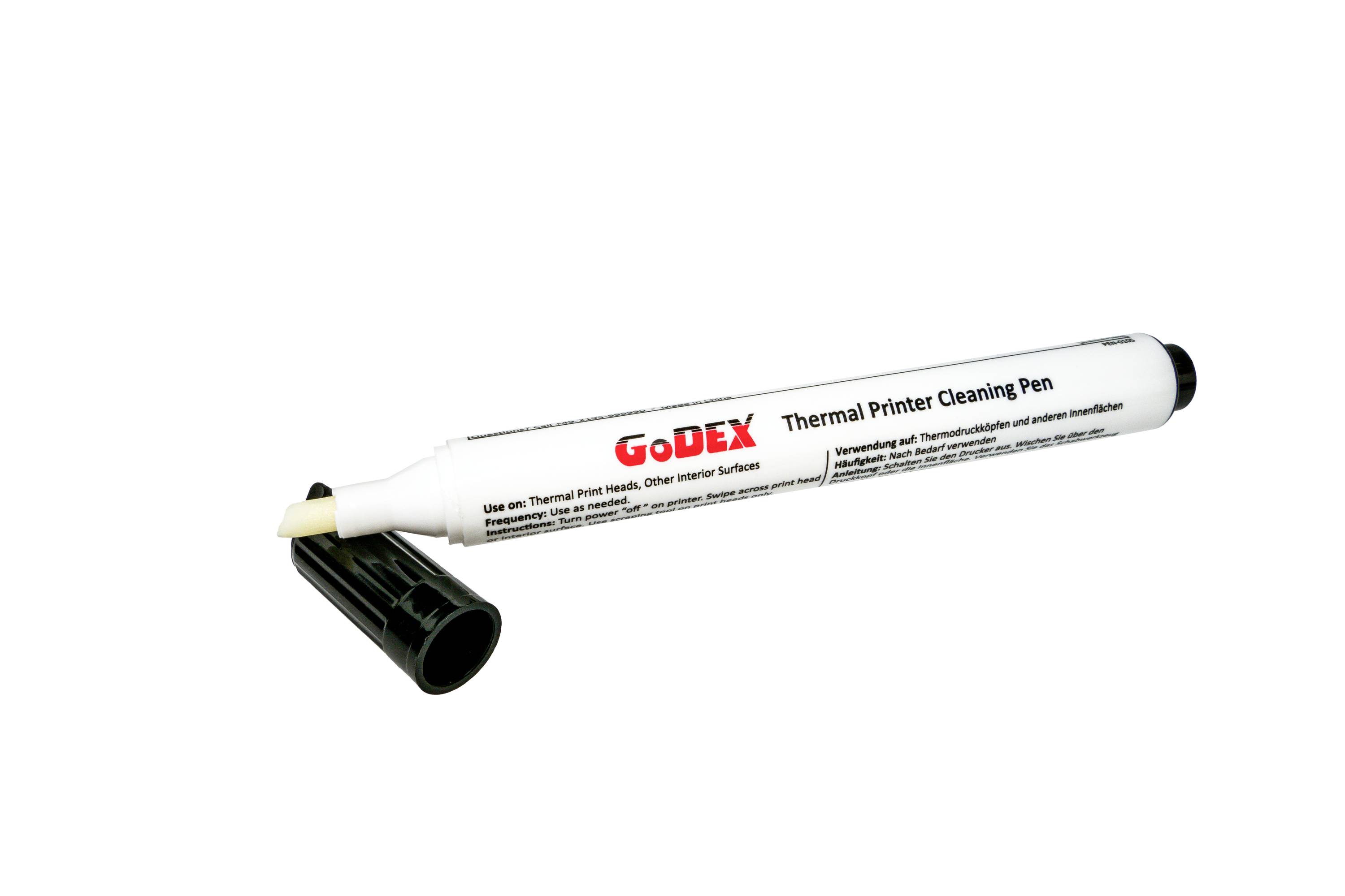 "GoDEX Thermotdrucker-Reinigungsstift" mit schwarzer Kappe, zur Wartung von Druckern.