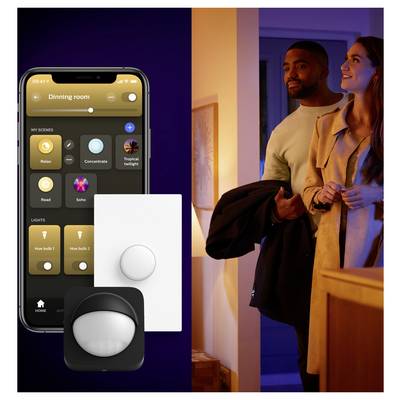 Ein Smartphone zeigt eine Smart-Home-Beleuchtungs-App mit Optionen wie ‚Entspannen' und ‚Sofa'. Ein Paar betritt einen warm beleuchteten Raum und lächelt.