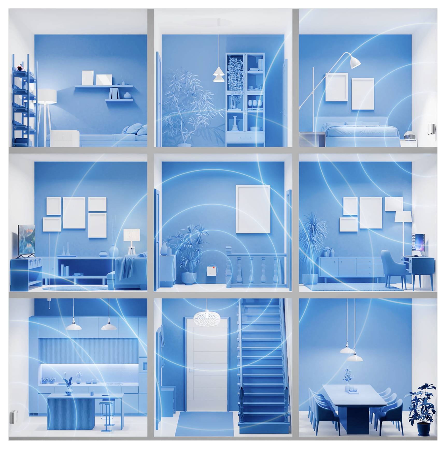 Intelligentes Smart-Home-Netzwerk-Illustration, die vernetzte Räume mit digitalen Signalen zeigt und Wohnbereiche, eine Küche und eine Treppe hervorhebt.