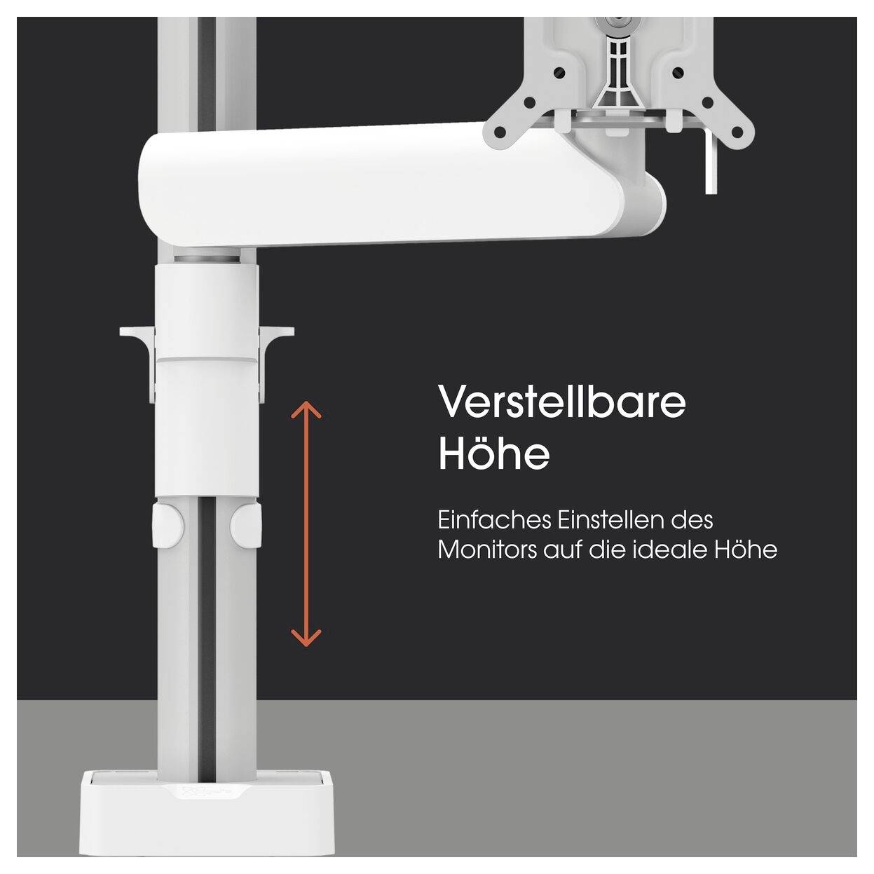 Verstellbare Halterung für Monitore, zeigt eine vertikale Bewegung. Text: 'Verstellbare Höhe', 'Einfaches Einstellen des Monitors auf die ideale Höhe'.