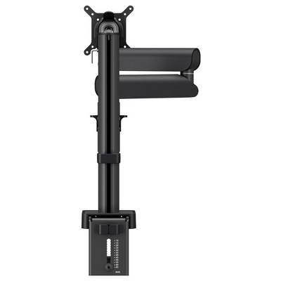 Eine schwarze, verstellbare Monitorhalterung mit mehreren Drehpunkten, die für ergonomische Positionierung konzipiert ist und in einer vertikal ausgestreckten Position gezeigt wird.