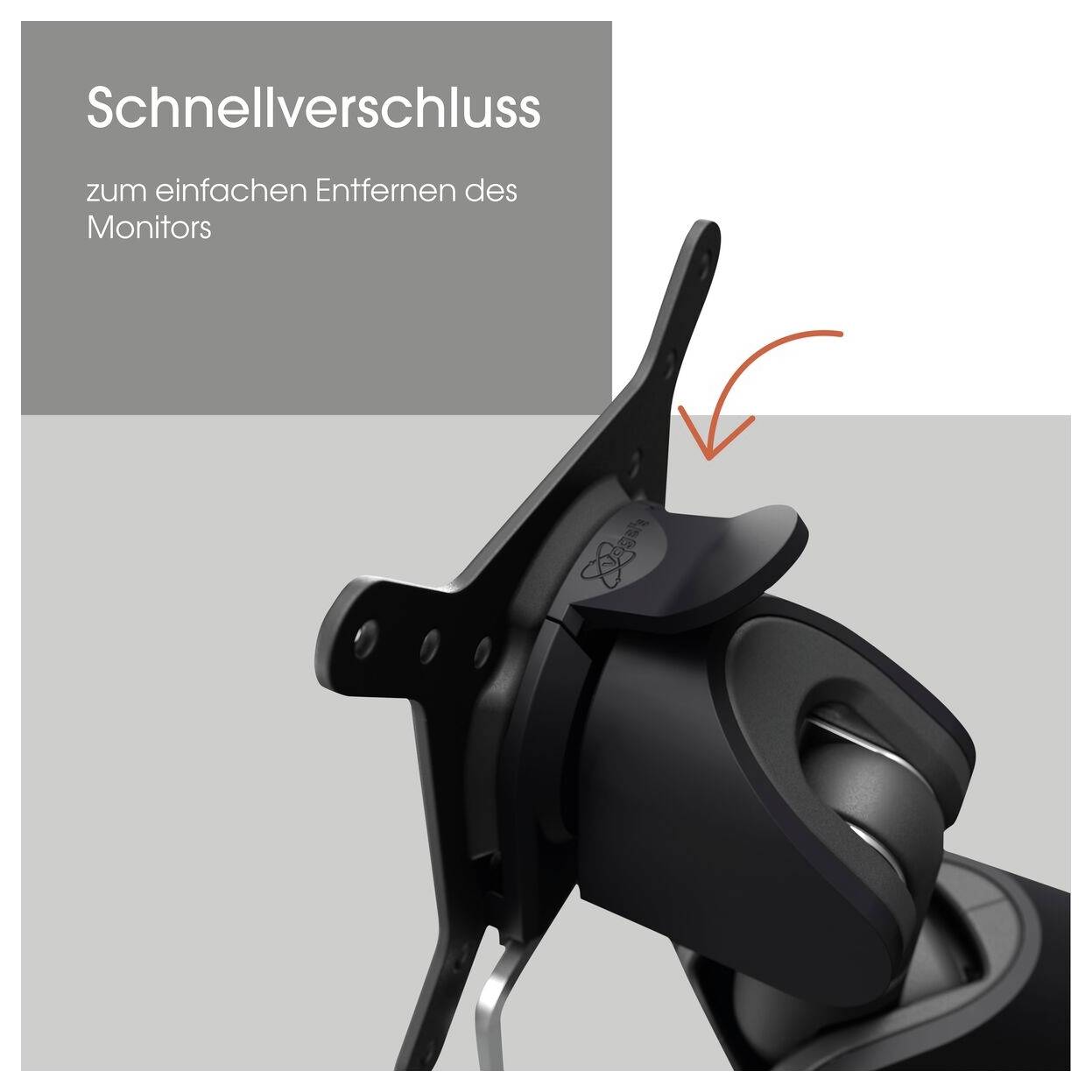 Schnellverschlussmechanismus an einer Monitorhalterung zeigt eine einfache Möglichkeit, den Monitor zu entfernen, mit einem Pfeil darauf.