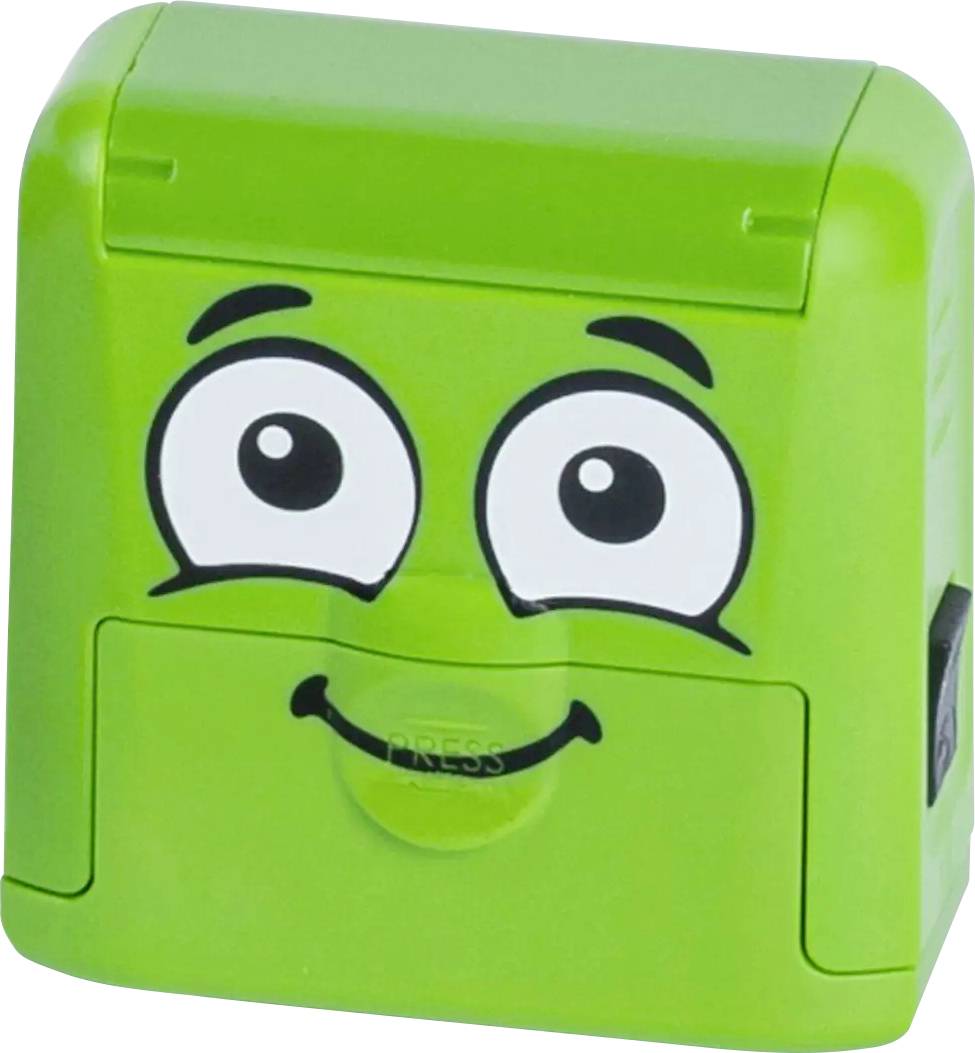Ein grünes, quadratisches Spielzeug mit einem lächelnden Gesicht, großen Augen und einem Knopf mit der Aufschrift "DRÜCKEN" vorne.