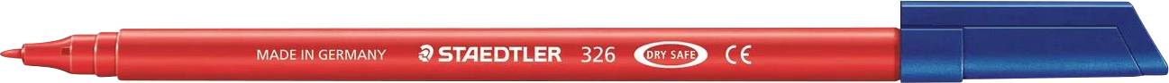 Ein roter Staedtler 0,3 mm Feinliner mit blauem Deckel, versehen mit der Aufschrift 'Made in Germany' und CE-Zertifizierungszeichen.