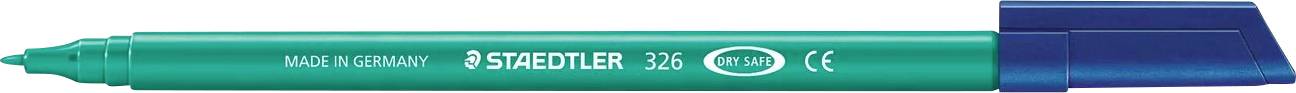 Blauer Permanentmarker in Petrolfarbe mit blauem Deckel, versehen mit dem 'Staedtler'-Logo und Qualitätsmarkierungen an der Seite.