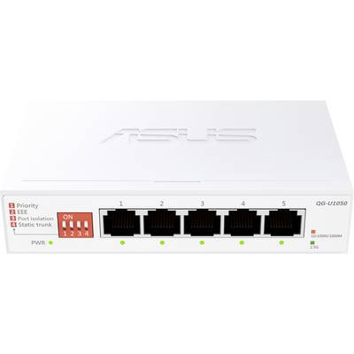 Weißer ASUS-Netzwerk-Switch mit fünf Ethernet-Ports, die von 1 bis 5 beschriftet sind, mit Anzeigen für Stromversorgung, Priorität und Trunk-Einstellungen.