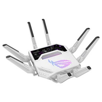 Ein futuristischer weißer WLAN-Router mit acht Antennen, ausgestattet mit leuchtend violetten LED-Lichtern und einem digitalen Display auf dem oberen Bedienfeld.
