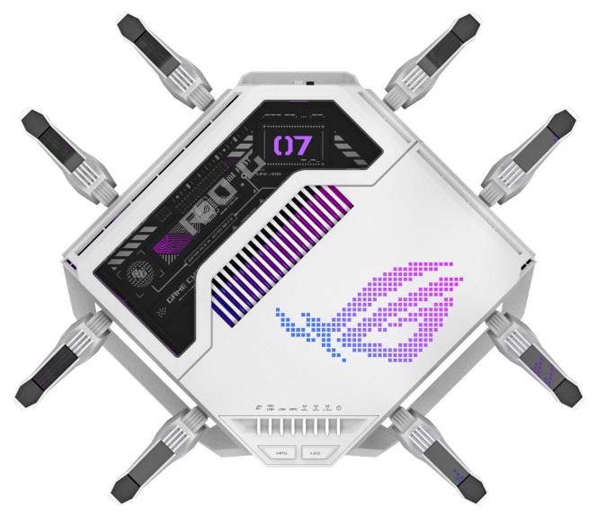Ein weißer sechseckiger WLAN-Router mit acht Antennen, futuristischem Design und digitalen Anzeigen, die die Modellnummer '07' und das Logodesign präsentieren.