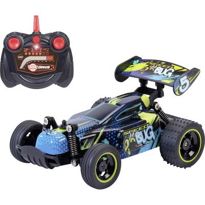 Ein Spielzeug-Fernlenkwagen mit einem schwarz-neonfarben Design, auf dem 'Speed Bug' und die Nummer 5 zu sehen sind, ausgestattet mit einem Heckspoiler. Fernbedienung im Lieferumfang enthalten.