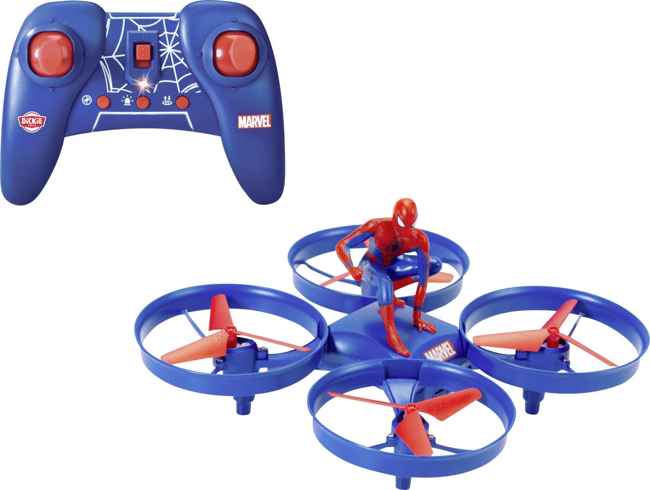 Eine blaue Spiel-Drohne mit roten Propellern, auf der eine Spider-Man-Figur sitzt, zusammen mit einer passenden blauen Fernbedienung mit Spinnennetz-Design.