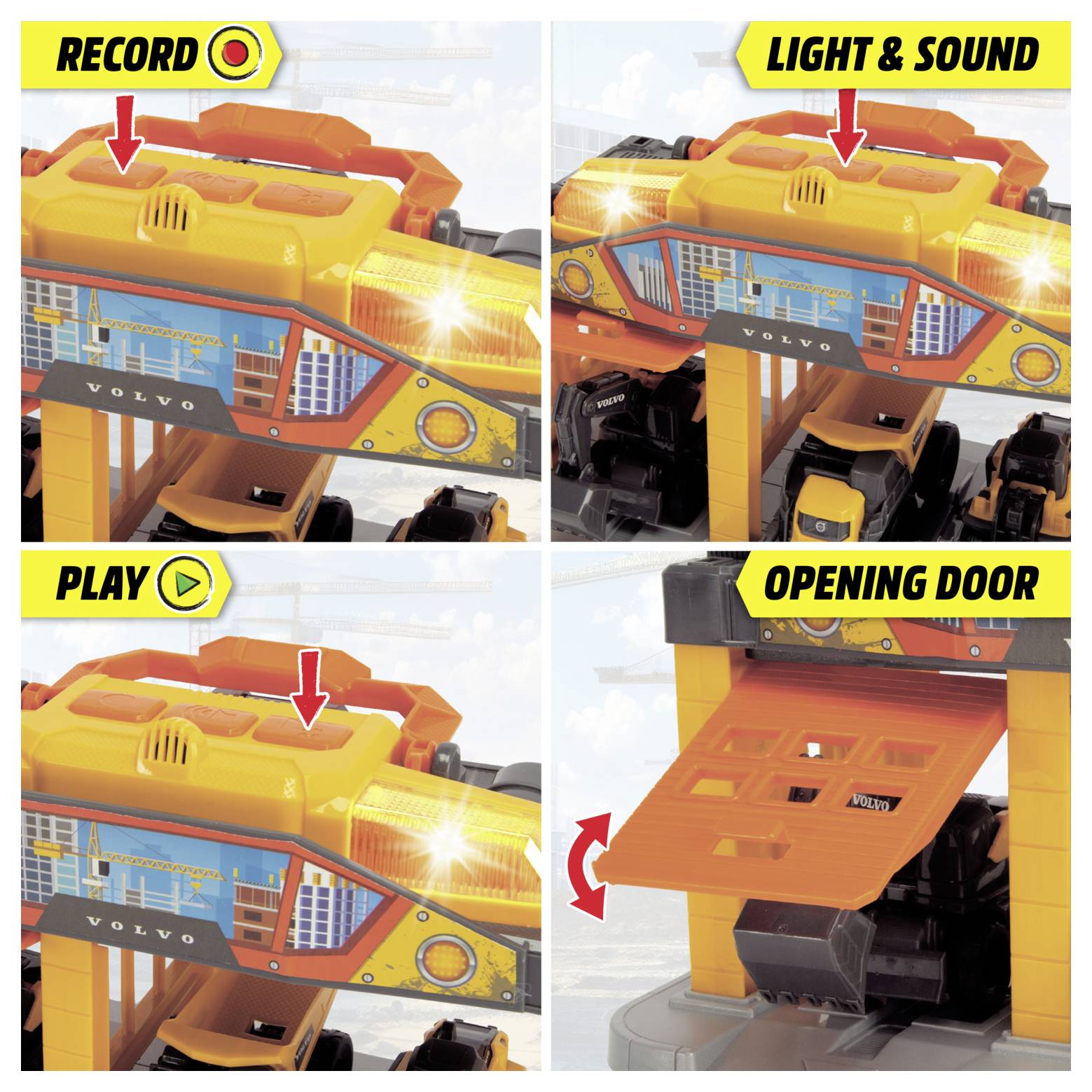 Spielzeug-Lastwagen mit beschrifteten Funktionen: oben links 'Aufnahme'-Taste; oben rechts 'Licht & Sound'; unten links 'Wiedergabe'-Taste; unten rechts 'Öffnende Tür'.