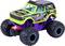 Ein bunter Spielzeug-Monstertruck mit großen schwarzen Rädern, grünem und lila Karosserie und dem Design "Wild Bronco".