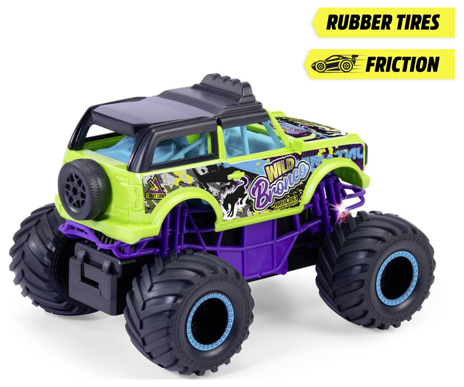 Ein Spielzeug-Monstertruck 'Wild Bronco', grün mit lila Chassis, ausgestattet mit Gummireifen und einem Reibungsmotor, präsentiert in einem bunten Design.