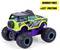 Ein Spielzeug-Monstertruck 'Wild Bronco', grün mit lila Chassis, ausgestattet mit Gummireifen und einem Reibungsmotor, präsentiert in einem bunten Design.